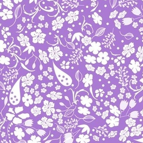Ditsy Flower Fabric, White on Lilac, Medium Scale