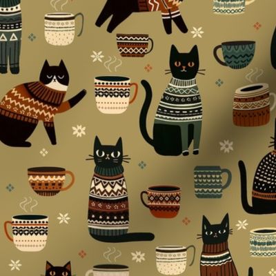 Cozy Autumn - Tea and cats in sage M