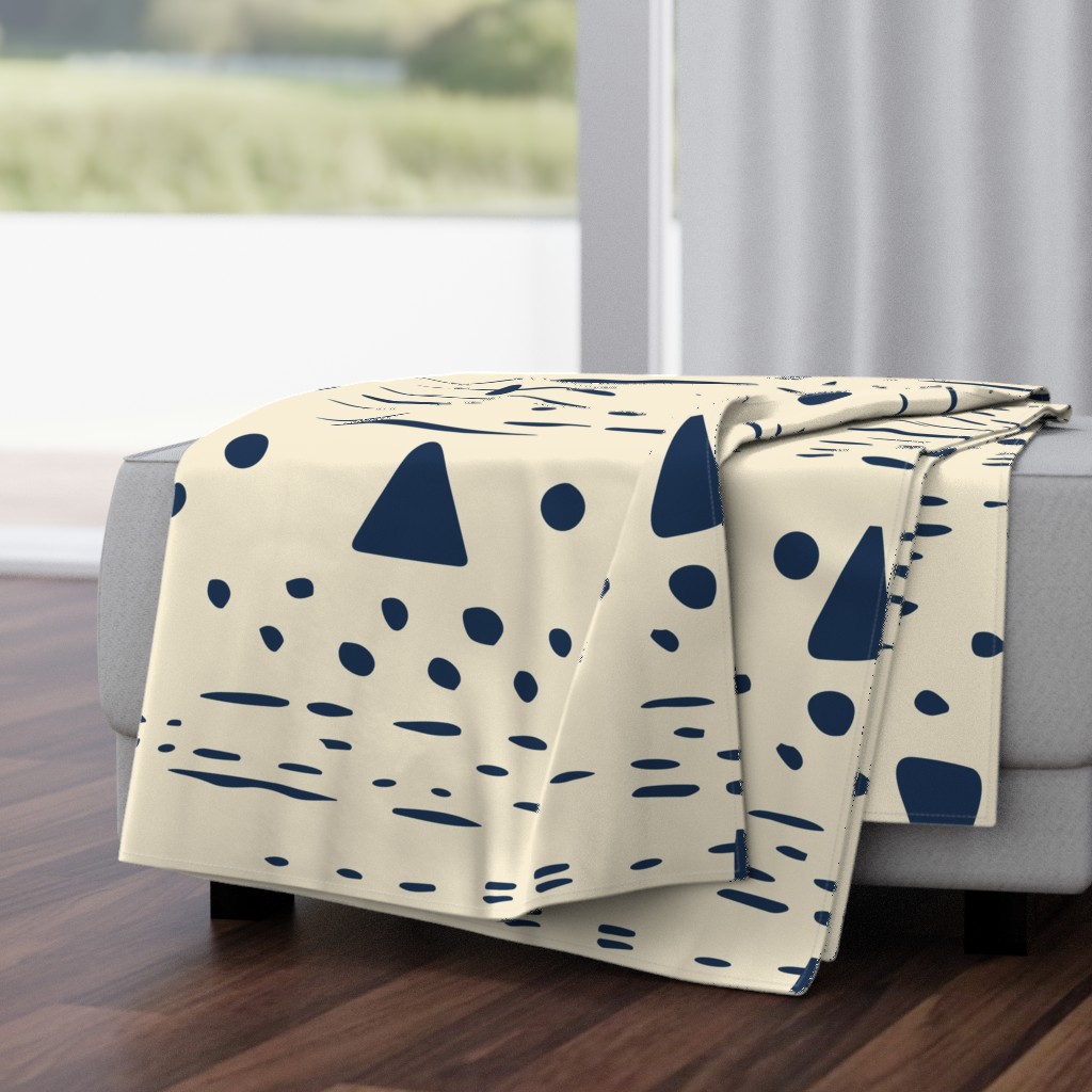 Cream and Blue West African Traditional Ethnic Dots Shapes Mudcloth Style Print III