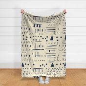 Cream and Blue West African Traditional Ethnic Dots Shapes Mudcloth Style Print III