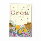 Wildflower Wonderland: 'You Grow Girl' Floral Wall Art or Tea Towel in Sunny Beige