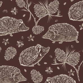 Hedgehogs and Pine Cones Molasses Backgrownd Large Scale