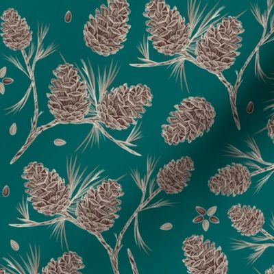 Pine Tree Branches, Pine Cones, Pine Nuts on Night Swim Green  Background, Small Scale
