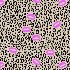 Leopard Spots and Pink Lips on Beige Background