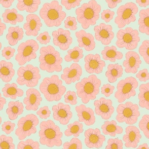 Fluffy Florals - Pink and Mustard on pale green background