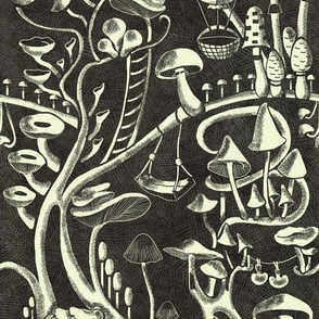 medium smoky black surreal Fungi  whimsical city  by art for joy lesja saramakova gajdosikova design