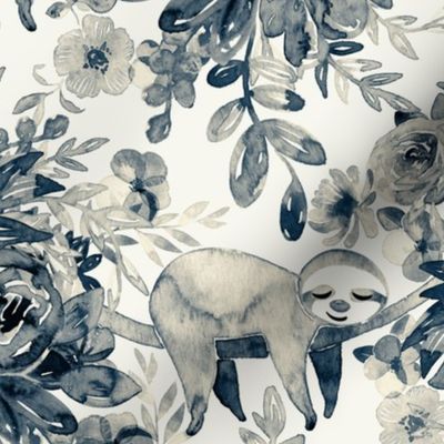 Sleepy Sloths Jungle Toile - teal navy on cream, medium 