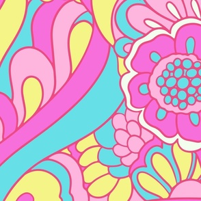 Retro Sunflowers Barbie Pink blue yellow by Jac Slade