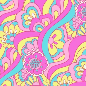 Retro Sunflowers Barbie Pink blue yellow by Jac Slade