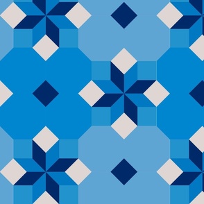 Kaleidoscopic summer tiles with octagons and stars in shades of blue, large 14 inches