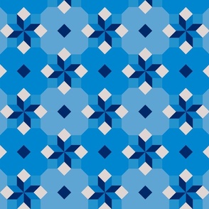 Kaleidoscopic summer tiles with octagons and stars in shades of blue, medium 7 inches