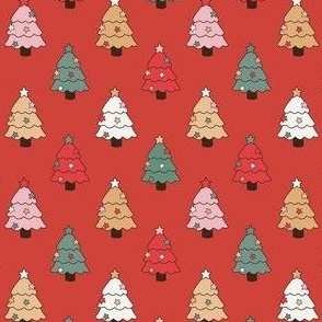Small Scale Christmas Trees on Retro Red