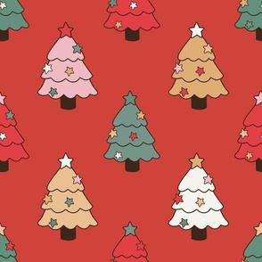 Large Scale Christmas Trees on Retro Red