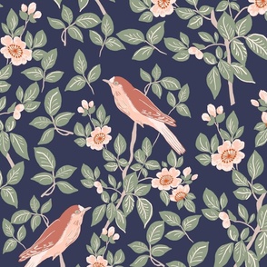 Flowering Cherry Trees and Songbirds in green  pink and coral on midnight blue