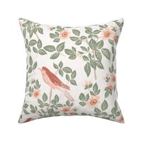Flowering Cherry Trees and Songbirds in green and pink with coral on ivory