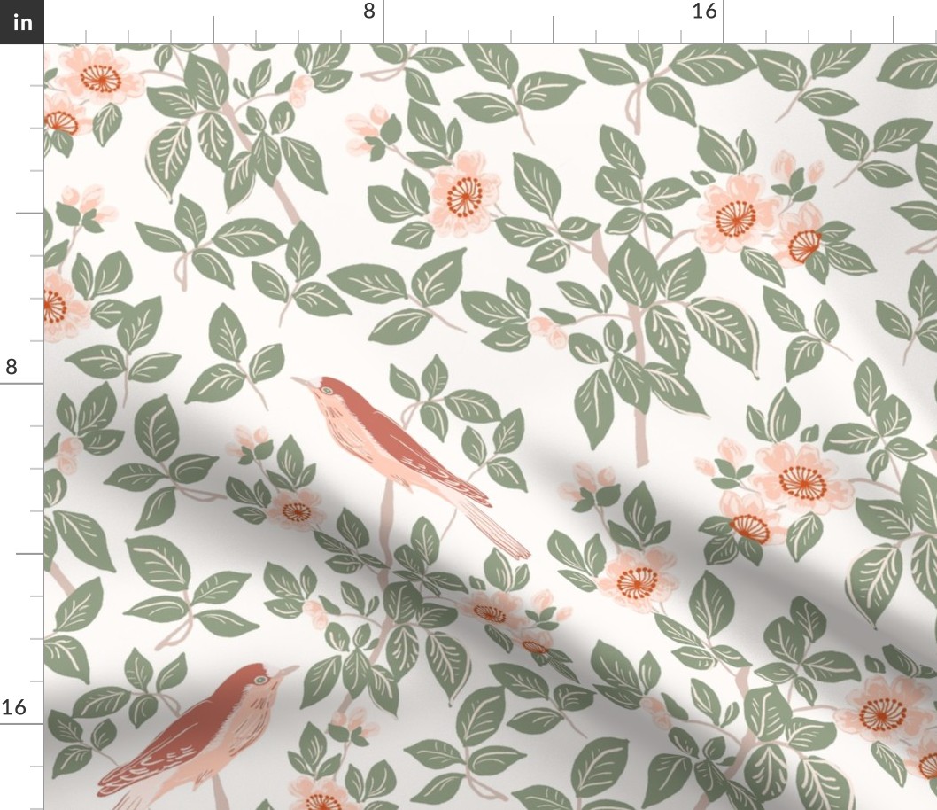 Flowering Cherry Trees and Songbirds in green and pink with coral on ivory