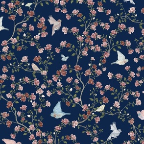 Bold and Feminine Floral of Roses with Birds and Butterflies in Navy Blue