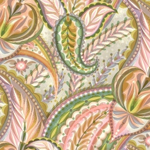 large scale col2 hand drawn paisley / peach pink chartreuse green