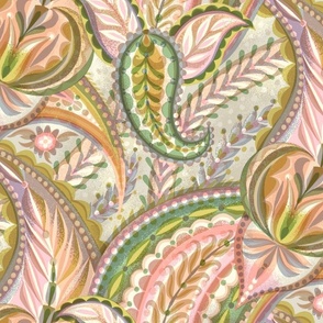 paisley swirling floral / large scale col2 peach pink chartreuse green