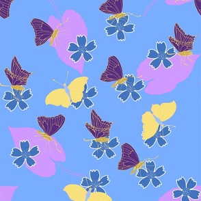 Pretty butterflies and flowers - sky blue
