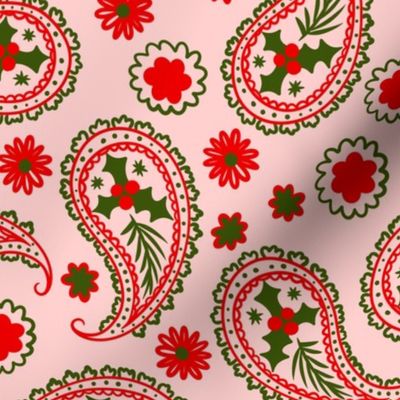 Christmas Paisley in Green Red Pink