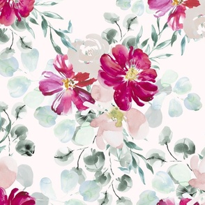 Peonies and eucalyptus watercolor on blush background large scale
