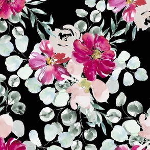 Peonies and eucalyptus watercolor on black background large scale