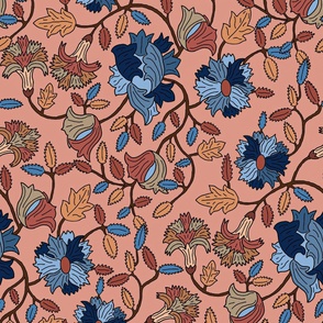 Bold Victorian Poppies, Blue and Terracotta, 
