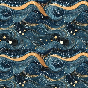 Celestial Serenity: Abstract Waves in Blue and Gold 