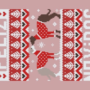 Feliz Navidog witty wordplay wall hanging or tea towel fair isle greyhounds // dry rose and careys pink background cute dogs dressed with red knitted Christmas ugly sweaters 