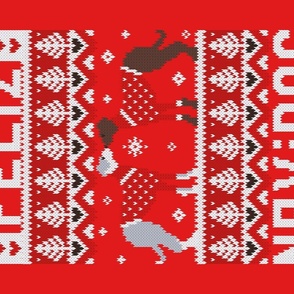 Feliz Navidog witty wordplay wall hanging or tea towel fair isle greyhounds // fire brick and fire engine red background cute dogs dressed with red knitted Christmas ugly sweaters