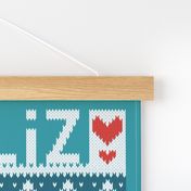 Feliz Navidog witty wordplay wall hanging or tea towel fair isle greyhounds //  teal background cute dogs dressed with teal and red knitted Christmas ugly sweaters