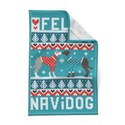 Feliz Navidog witty wordplay wall hanging or tea towel fair isle greyhounds //  teal background cute dogs dressed with teal and red knitted Christmas ugly sweaters