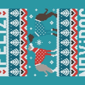 Feliz Navidog witty wordplay wall hanging or tea towel fair isle greyhounds //  teal background cute dogs dressed with teal and red knitted Christmas ugly sweaters