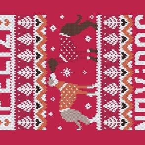 Feliz Navidog witty wordplay wall hanging or tea towel fair isle greyhounds // viva magenta (Pantone Color of the Year 2023) background cute dogs dressed with orange and red knitted Christmas ugly sweaters