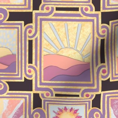 Apricity Japanese inspired  Inlaid effect art deco scrolls with rectangular picture frames and hand drawn sunrises and sunsets in pinks, greys and purple on deep magenta 9” repeat