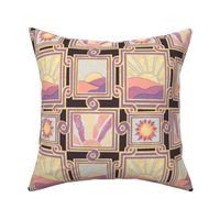 Apricity Japanese inspired  Inlaid effect art deco scrolls with rectangular picture frames and hand drawn sunrises and sunsets in pinks, greys and purple on deep magenta 9” repeat