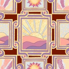 Apricity Japanese inspired  Inlaid effect art deco scrolls with rectangular picture frames and hand drawn sunrises and sunsets in pinks, greys and purple on deep red 12” repeat