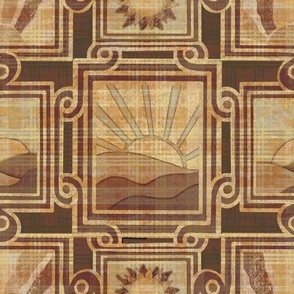 Apricity Japanese inspired  Inlaid effect art deco scrolls with rectangular sepia picture frames and hand drawn sunrises and sunsets in honey, yellow, mustard brown hued plaid overlay texture 12” repeat