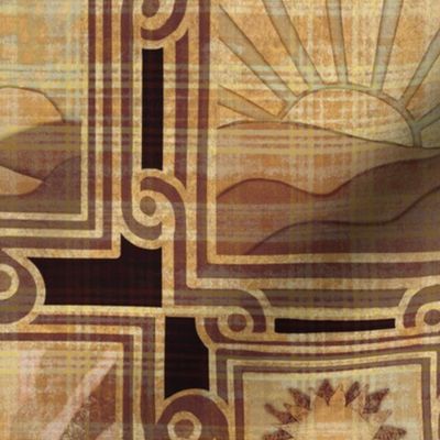 Apricity Japanese inspired  Inlaid effect art deco scrolls with rectangular picture frames and hand drawn sunrises and sunsets in honey, yellow, mustard brown hued plaid overlay texture 12” repeat on dark brown background 