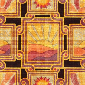 Apricity Japanese inspired  Inlaid effect art deco scrolls with rectangular picture frames and hand drawn sunrises and sunsets in honey, yellow, mustard brown, orange red hued plaid overlay texture 12” repeat on dark brown background 