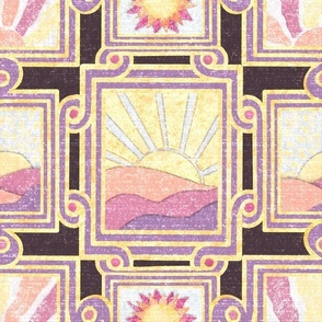 Apricity Japanese inspired  Inlaid effect art deco scrolls with rectangular picture frames and hand drawn sunrises and sunsets in pinks, greys and purple on deep magenta 6” repeat