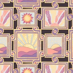 Apricity Japanese inspired  Inlaid effect art deco scrolls with rectangular picture frames and hand drawn sunrises and sunsets in pinks, greys and purple on deep magenta 12” repeat