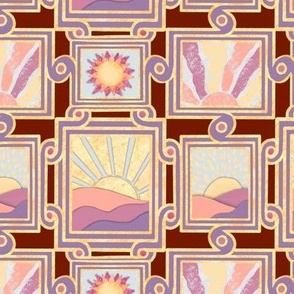 Apricity Japanese inspired  Inlaid effect art deco scrolls with rectangular picture frames and hand drawn sunrises and sunsets in pinks, greys and purple on deep red 6” repeat