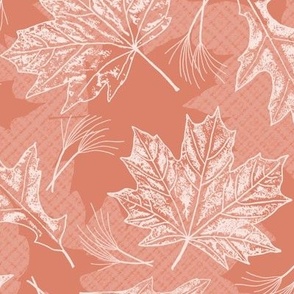 Large Intangible Fall Oak and Maple Leaf Prints Pale Peach on Dusty Coral Texture