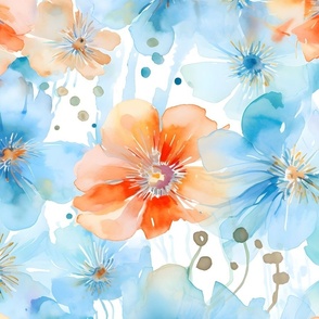 California Poppies / Blue and Orange Watercolor flowers / Large Scale