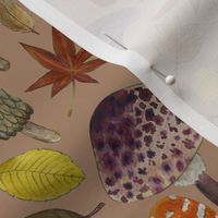 Watercolour toadstools  and Autumn leaves  -  red, grey and green on  caramel latte light brown - medium scale by Cecca Designs