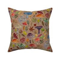 Watercolour toadstools  and Autumn leaves  -  red, grey and green on  caramel latte light brown - medium scale by Cecca Designs