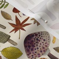 Watercolour toadstools  and Autumn leaves  -  red, grey and green on  cream - Medium small scale by Cecca Designs