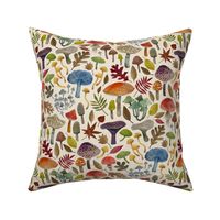 Watercolour toadstools  and Autumn leaves  -  red, grey and green on  cream - Medium small scale by Cecca Designs